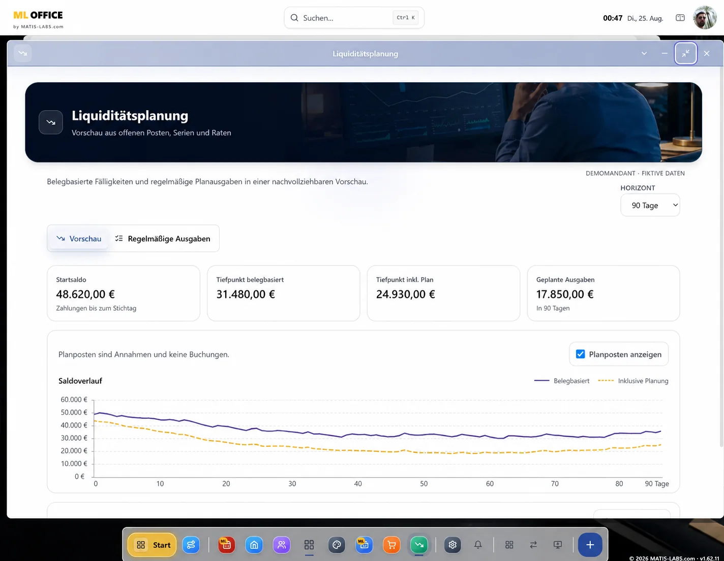 MLOffice Liquiditätsplanung über 90 Tage mit ausdrücklich gekennzeichneten fiktiven Demodaten