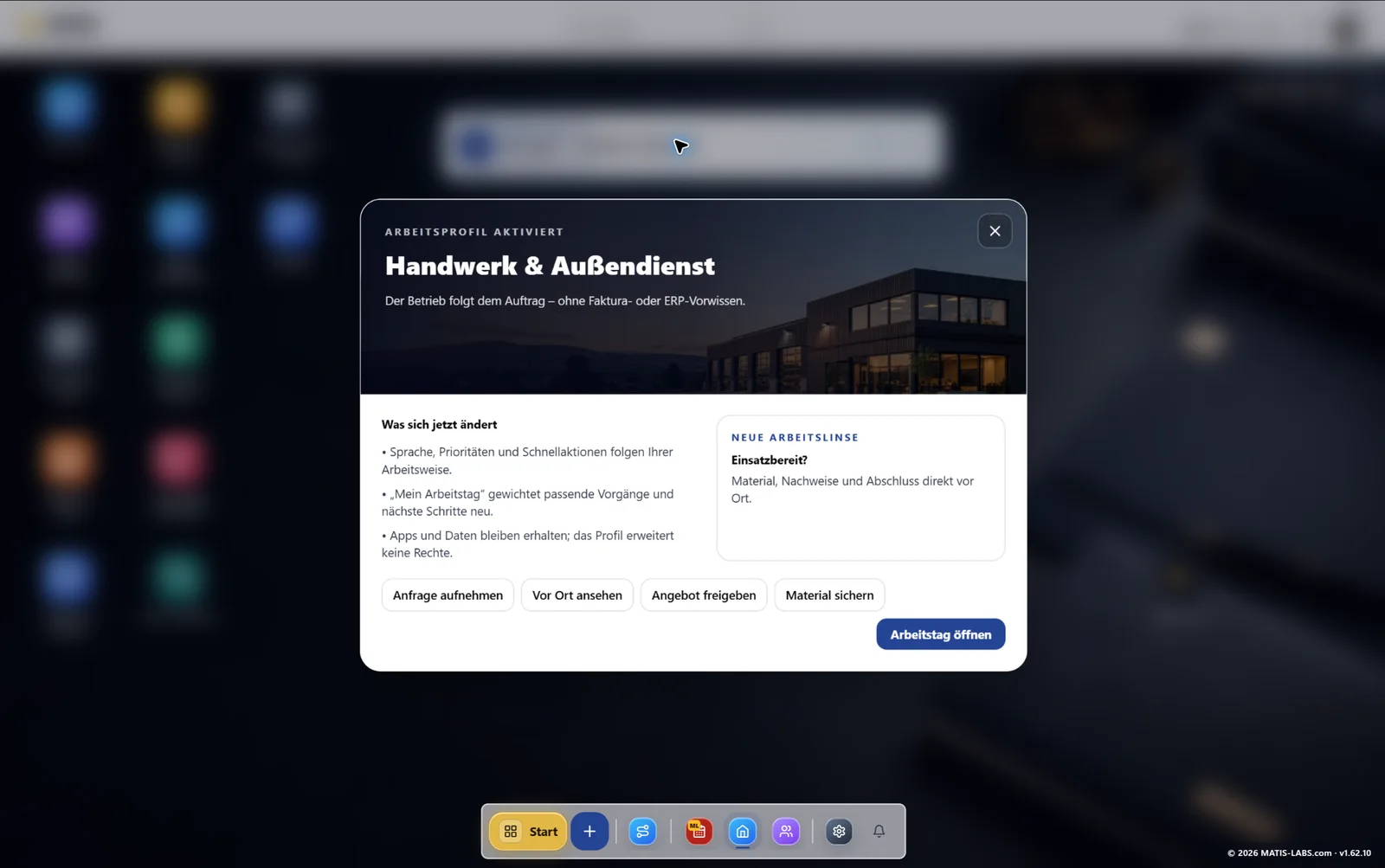 Aktiviertes MLOffice Arbeitsprofil für Handwerk und Außendienst