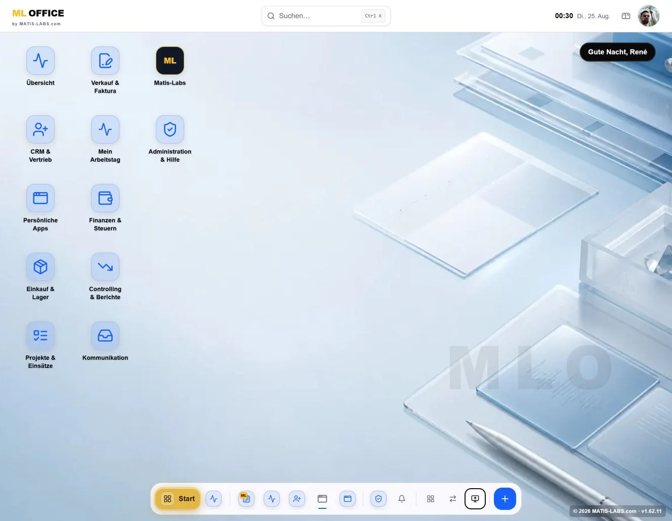 MLOffice Arbeitsplatz mit hellem Cobalt-Cloud-Erscheinungsbild